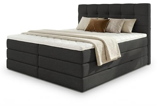 Sofnet Boxspringbett Best XL mit 2 Bettkästen und Topper, mit Taschenfederkern- und Bonellfederkernmatratze, Doppelbett, Polsterbett aus Webstoff mit Stauraum (Schwarz (Inari 100), 160 x 200 cm)