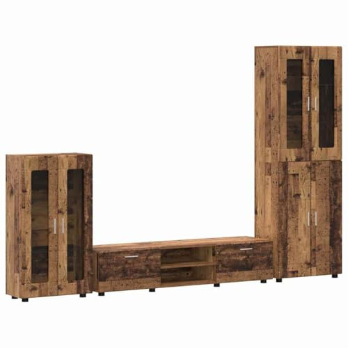 XHNIFBN Set di mobili per TV Florin, 3 pezzi, con credenza, mobile per TV e mobiletto alto, mobili per soggiorno in effetto legno anticato, struttura in legno, moderna combinazione di armadi con