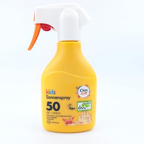 Cien Sun Kids Sonnenspray LSF 50 sehr hoher Schutz für sensible Haut, feuchtigkeitsspendende Formel, ohne Duftstoffe, 100% Veganes Produkt, Kinder Sonnenpflege 250ml