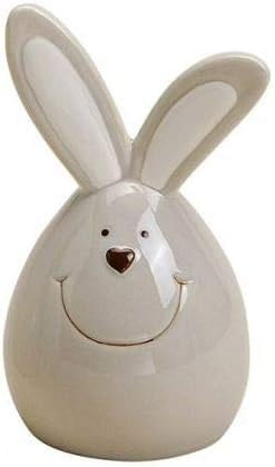 TEMPELWELT Deko Figur Hase sitzend 14 cm, aus Keramik Taupe grau-braun rot Landhaus Stil, Dekofigur Häschen Osterhase für Frühling Sommer Ostern Osterdeko