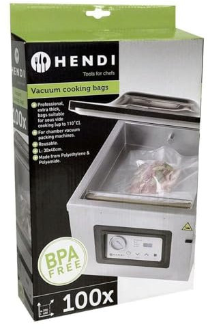 HENDI Vakuumbeutel, für Vakuum-Verpackungsmaschine, Vakuumiergerät, Kochbeutel, 75µm, -20°C bis +100°C, Innenschicht Polyethylen 60µm, Aussenschicht Polyamid 15µm, 100 Stück, 300x400mm