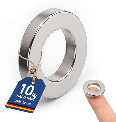 Ringmagnete Neodym Magnet-Ringe extra stark - Haftkraft bis 36kg - Starke NdFeB Magnete mit Loch für Industrie und Zuhause, Menge/Größe: 1 Stück - Ø40/23x6mm | 10kg Haftkraft