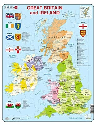 Larsen K18 Great Britain & Ireland Political Map Jigsaw Puzzle - English Edition - 48 Pieces | Educational Map Puzzle for Ages 6+ | Boxless Tray & Frame
