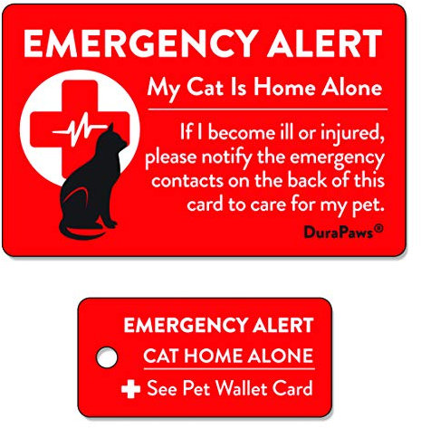 DuraPaws My Cat is Home Alone Notfall-Alarm aus Kunststoff mit Kontaktkarte und Schlüsselanhänger (beschreibbare Oberfläche auf der Rückseite der Karte)