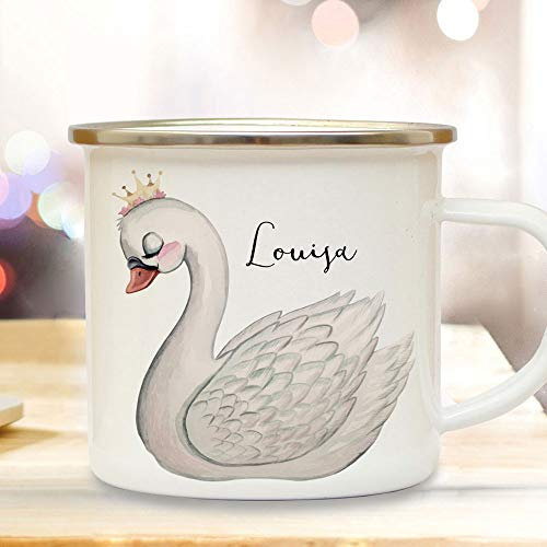 ilka parey wandtattoo-welt Emaille Becher Camping Tasse Motiv Schwan Vogel & Wunschname Name Kaffeetasse Geschenk eb510