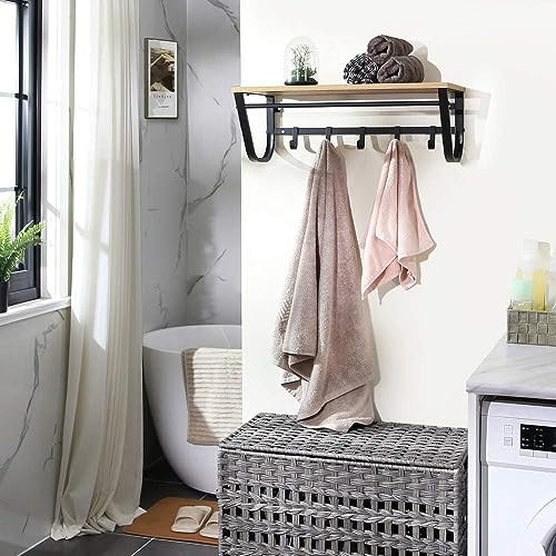 AZACA Wandgarderobe mit Aufbewahrungsregal, Stange und 5 Haken, Rahmen aus Metall, industrieller Stil, für Eingang, Flur, Schlafzimmer, Badezimmer, Wohnzimmer, Farbe: helle Eiche