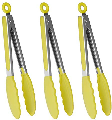 HINMAY 9 Premium Stainless Steel Locking Kitchen Tongs with Silicon Tips, Set of 3 (Yellow)