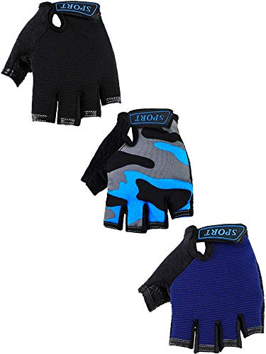 Boao 3 Pairs Kids Half Finger Bike Gloves Non-Slip Breathable Adjustable Birthday Gift for Boys Girls for Bike Workout(Stylish,8-12 Years)
