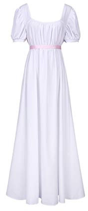 FRIUSATE Robe régence, robe pour femmes, costume d'empire avec ceinture, robe longue en voile avec manches bouffantes pour les fêtes, mariages et galas - Blanc, M