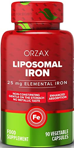 ORZAX Iron Supplement 25 mg -Liposomal Technology- High Bioavailability 90 Vegetable Capsules, Non-Constipating, Non-GMO & Gluten Free, for Women, Men, Adults