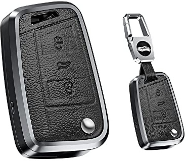 HIBEYO Smart Autoschlüssel Hülle passt für VW Skoda Karoq Superb Octavia Golf 7 MK7 MK4 Polo T-ROC Touran seat Leon Ibiza Schlüsselhülle Cover Schlüsselgehäuse Schlüsselanhänger Leder (Schwarz)