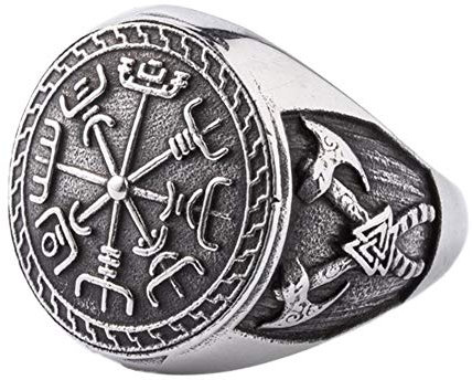 TQWSVUM Nordischer Wikinger Kompass Vegvisir Ring, Herren Edelstahl Doppelaxt Valknut Ringe, Handgefertigte Vintage Skandinavischen Odin Symbol Amulett Schmuck(08)