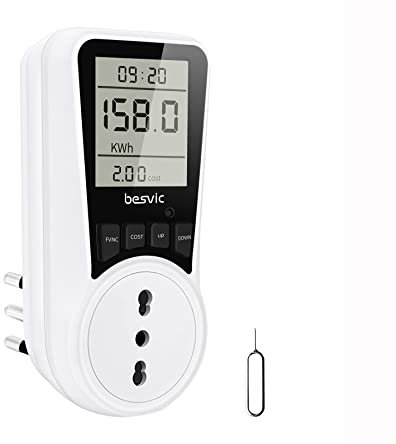 Besvic Misuratore Consumo Elettrico, 3680W Misuratore di Potenza Contatore del Consumo di Corrente, Spina Italiana con Schermo LCD, 7 Modalità di Monitoraggio, Protezione da Sovraccarico【1 Pezzo】