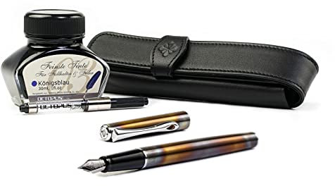Diplomat Traveller Flame Füllhalter-Set, Füllhalter aus Metall im Set mit Stiftetui aus Leder, Schreibtinte in Königsblau und Tintenkonverter, Füller mit Edelstahlfeder Stärke M
