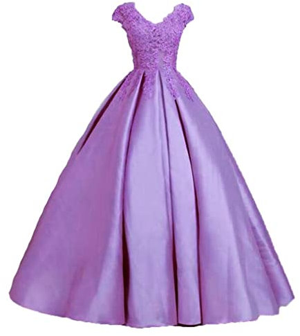 Xinaier Damen V-Ausschnitt A-Linie Perlen Abendkleid Ballkleider Satin Festkleider Hochzeitskleider Flieder Größe 48