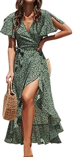 CUPSHE Women's Summer Wrap Maxi Dress - Casual Split Flared Sleeve V-Neck Ditsy Tie Waist Ruffle Beach Green S