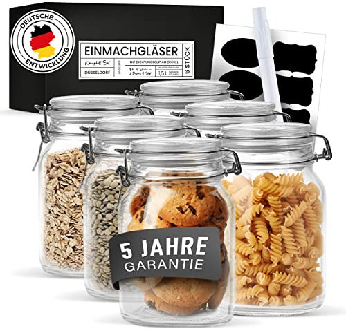 LIEBTHAL Einmachgläser mit Bügelverschluss [6x1500ml] - Luftdichte Vorratsgläser mit Deckel - Spülmaschinengeeignete Bügelgläser - Drahtbügelgläser Sticker & Stift - Aufbewahrungsgläser