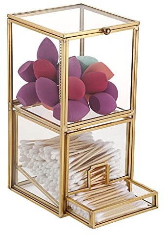 SUMTree 2 Etagen Wattestäbchen box aus Glas Make-up-Pinsel-Halter Beauty-Ei-Box Wattebauschholder Tupferhalter Süßigkeiten Organizer Organisation Zuhause Kosmetika Dekoration(Golden)