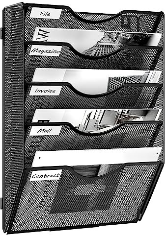 EasyPAG 5 Compartiments Assembler Métal Porte Revue Mural Porte Document Suspendu A4 Organisateur de Bureau à Suspendre Banette de Rangement Range Papier Corbeille a Courrier Murale,Noir