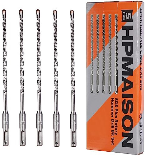 HPMAISON SDS Plus Rotary Hammer Drill Bit Set 6.5mm x 210mm, 5PCS Cross Drill Bits Hammer Impact Drill Bit 4-Cutter Carbide Tips for Drilling Stone, Concrete, Brick Wall, Cement, Masonry