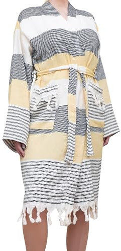 ATANI Luxuriöser Bademantel aus 100 % türkischer Baumwolle für Damen und Herren, weicher Plüsch-Bademantel, saugfähig und leicht, Gelb-Schwarz, XX-Large