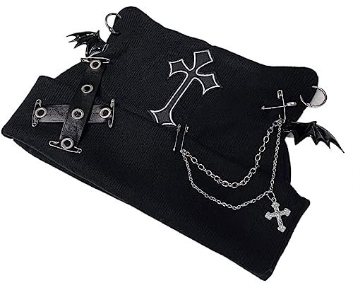 Y2K Gothic Grunge Cat Ear Bat Wing Black Beanie Hat Harajuku Punk Cross Chain Strickmütze Damen Chic Streetwear, Schwarz, Einheitsgr��e