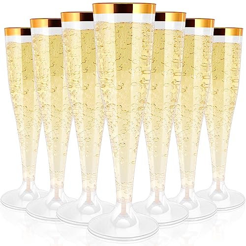 EOGRFW Lot de 30 flûtes à champagne en plastique - 133 ml - Flûtes à champagne transparentes avec bord doré - Empilables - Flûtes à champagne réutilisables pour mariage, anniversaire, douche, fête