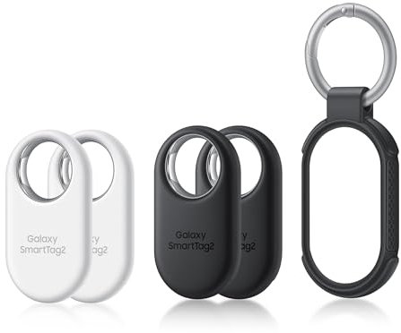 Samsung Galaxy SmartTag2 Balise connectée Bluetooth, 4 Pièces, Coque renforcée noire incluse [Exclusivité Amazon], Compatible avec Smartphones Samsung Galaxy, Mode Perdu, Blanc/Noir