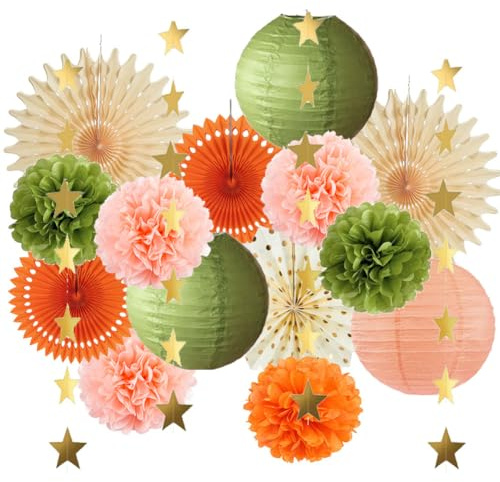 Olive Green and Orange Decor Olive Green and Orange Birthday Decorations Pom Poms Peach and Beige Decor with Gold Star Garland for Peach Baby Shower Bridal Shower Rustic Wedding Party
