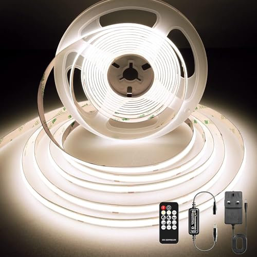 BERIXDEEP LED Strip Light 3m, 4000K COB LED Strip with Remote and Power Supply, DC24V, CRI>92, 8mm Width, Dimmable LED Tape for Mood Lighting, Kitchen Cupboard Lighting, Natural White