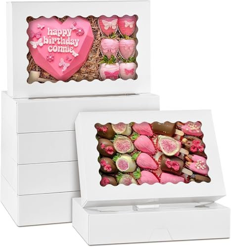 Sivaopa,6-Pack Bakery Boxes with Window, 12 x 8 x 2.5, Large White Cookie Box, Treat Boxes for Donuts Chocolate Covered Strawberries Pastries (White)