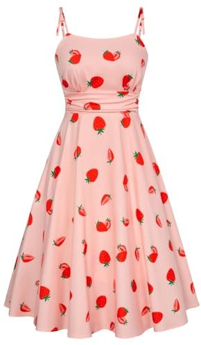 Belle Poque Kleid Damen Damen Vintage A-Linie Midi Kleid ärmellos Sweetheartneck Kleid Strand Party Kleid Rosa Erdbeere BP0928-03 XL