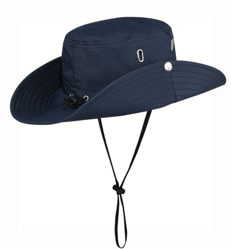Rayson Chapeau de Soleil Homme Femme d'été Chapeau Bob à Large Bord Extérieur Chapeau de Pêche avec Ficelle Réglable Anti UV Chapeau Boonie pour Adult(Bleu Marine)