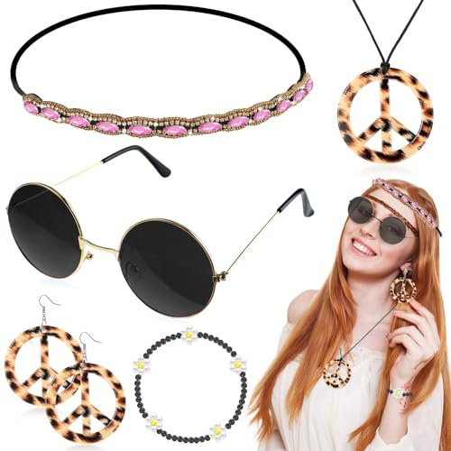 Sunwuun 6 Stück Hippie Accessoires Damen,70er Jahre Accessoires,Hippie Brille,Peace Ohrringe,Peace Kette Hippie,Haarband,Halskette,Hippie Kostüm Zubehör,Flower Power Accessoires