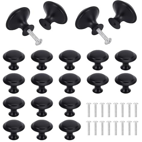 Matted Black Cabinet Knobs Set, 16Pcs Black Cupboard Knobs, Single Hole Round Drawer Pull Handle, 30mm Round Mushroom Drawer Knobs with 16Pcs Matching Screws for Kitchen, Furniture, Wardrobes