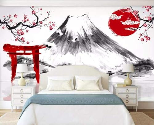 Naturempress Papier Peint Panoramique Japon Mont Fuji Fleur De Cerisier Encre Et Lavis Papier Peint Intissé Tapisserie Poster Mural pour Salon Chambre Décoration Murale