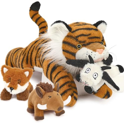 MorisMos 50cm lang riesen Tiger Kuscheltier XXL mit klein Plüsch Ferkel,Fuchs und Lamm im Bauch, weich Magnet Tiger Plüschtier Stofftier für Kinder Baby