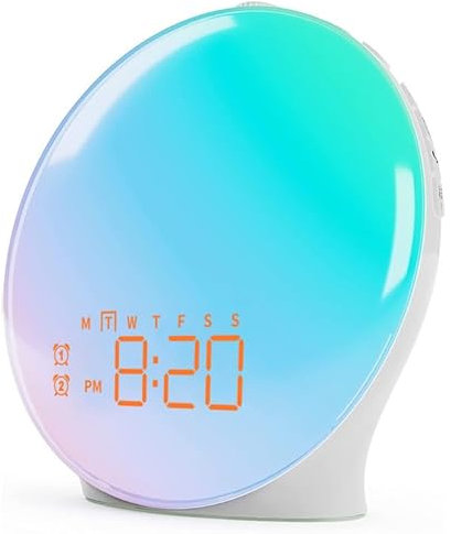 Auriostar Alarm Clocks Bedside lamp - Fullscreen Wake Up Light 18 Colorful Sunrise/Sunset Simulation, 7 Natural Sound+FM Radio Dual Alarms and Snooze Function Atmosphere Lamp