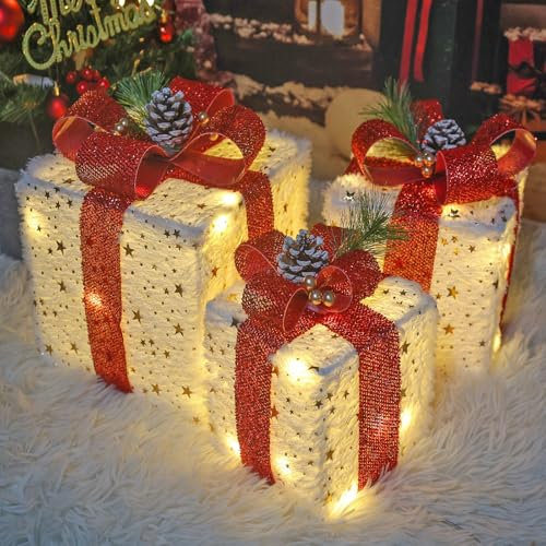 Kwaiffeo Christmas Decorations：Set of 3 Christmas Lighted Gift Boxes Plush Xmas Decor with 60 LED Warm White Fairy Lights for Christmas Tree Skirt Indoor Outdoor Porch Holiday Decor