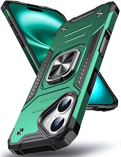 DASFOND Designed for iPhone 16 Case, Military Grade Shockproof Protective Phone Case Cover with Enhanced Metal Ring Kickstand [Support Magnet Mount] for iPhone 16 6.1 Inch, Dark Green