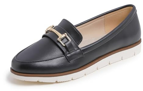 Feversole Comfort Women's Leather Daily Loafer, Pelle da Donna Loafer Giornaliero Driving Flats Flessibile Walking Boat Shoes Pelle Liscia vegana Nera con Fibbia Dorata 39