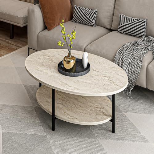 Hanah Home Élégante Table à café, Travertine, 90 x 36 x 60 cm, 100% mélaminée, épaisseur 18 mm, Design élégant en marbre pour espaces de Vie Modernes