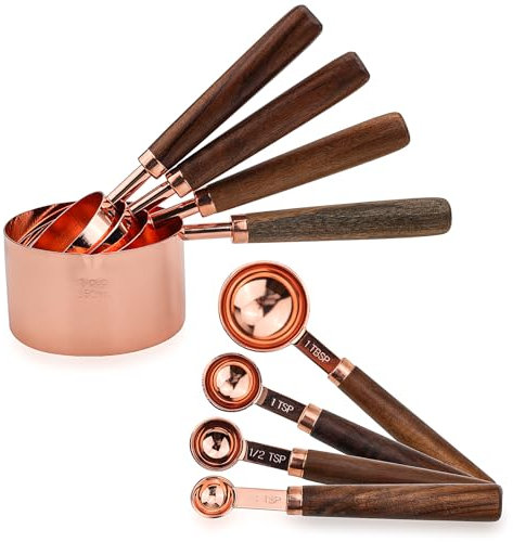 Measuring Cups and Spoons Set - Rose Gold Measuring Cups and Spoons - Stainless Steel Measuring Cups with Wooden Handle - Metal Measuring Cups Set for Cooking Baking - Set of 8 pcs