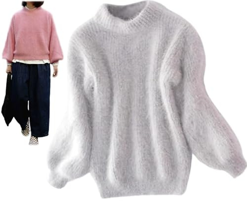 Damen-Pullover aus Angora-Kaschmir-Mischgewebe, locker, warm, einfarbig, Rundhalsausschnitt, Strickpullover, flauschiger Plüschpullover, Orange, One size(Grau)