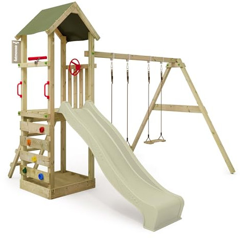 Fatmoose Aire de Jeux KiwiKey Kick XXL avec Balançoire, Toboggan Double Vague, Bac à Sable, Échelles d'escalade, Volant, Télescope SpecialSpy, en Bois Massif Imprégné pour Jardin - Vert Sauge