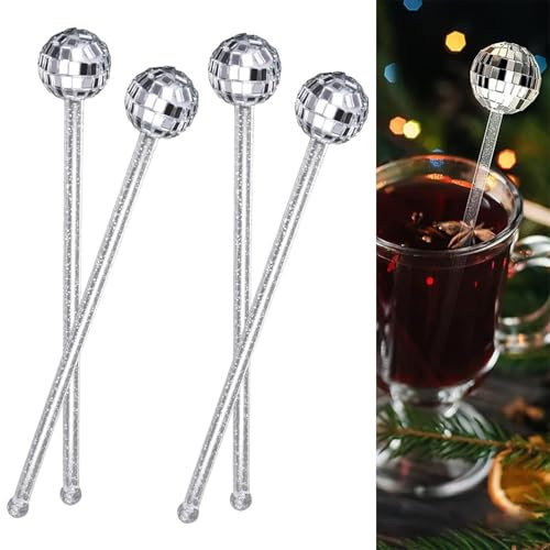 12 Pcs Cocktail Stirrers, Drink Disco Ball Round Top Swizzle Sticks Cocktail Accessories for Drinks Mirror Ball for Birthday Family Party Bar Cafe