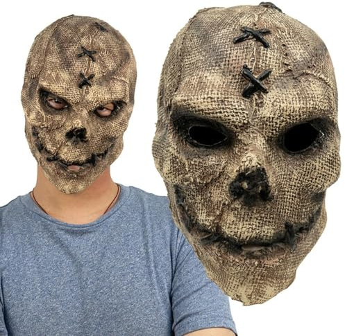 FSLLWGWG Halloween-Maske, Schädel aus Jute, Vollmaske aus Latex, gruselige Maske für Halloween, Frisuren, Cosplay, Halloween Kostüm Zubehör