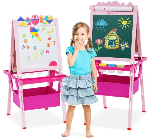 Kinder Staffelei aus Holz 3 in 1,Höhenverstellbare Standtafel 76–114 cm mit Papierrolle,Doppelseitiges Malbrett Whiteboard & Kreidetafel mit 2 Aufbewahrungsboxen,Geschenk für Kleinkinder (Rosa)