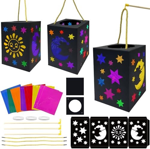 JOYEASE Laternen Bastelset, 3 Stück DIY Sankt Martin Laterne Kinder, St Martin Laterne Basteln Sonne Mond Sterne mit 28 Blatt Bunt Transparentpapier für Junge Mädchen, Ideal für Laternenumzug
