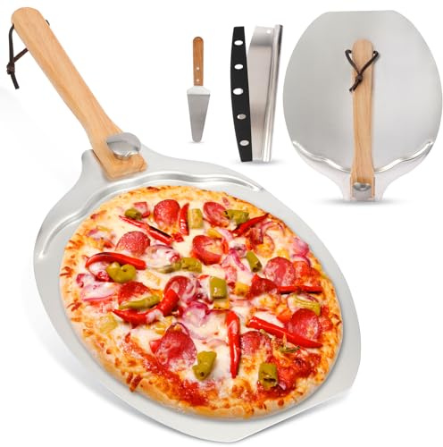 12x14 Aluminum Pizza Peel Set- Pro Pizza Paddle & Pizza Spatula with Foldable Wooden Handle & Rocker Cutter Compatible with Ninja/ooni, Complete Pizza Oven Accessories for Baking Bread/Dough/Pastry